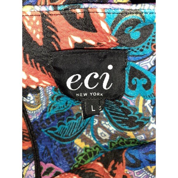 ECI NEW YORK Sz L Sheath Dress Black Blue Purple Floral Cap Sleeve Stretch Midi - Picture 7 of 7